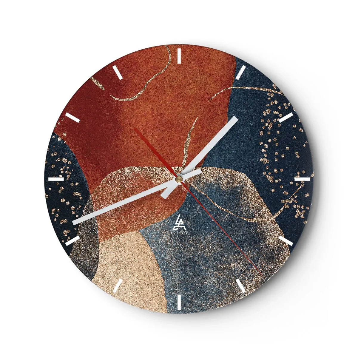 Nástenné hodiny - Farebné abstraktné tvary v zlatej a tmavomodrej farbe - 30x30cm - Ľahkosť bytia - Moderná nástenná dekorácia do obývacej izby, kuchyne a spálne ARTTOR