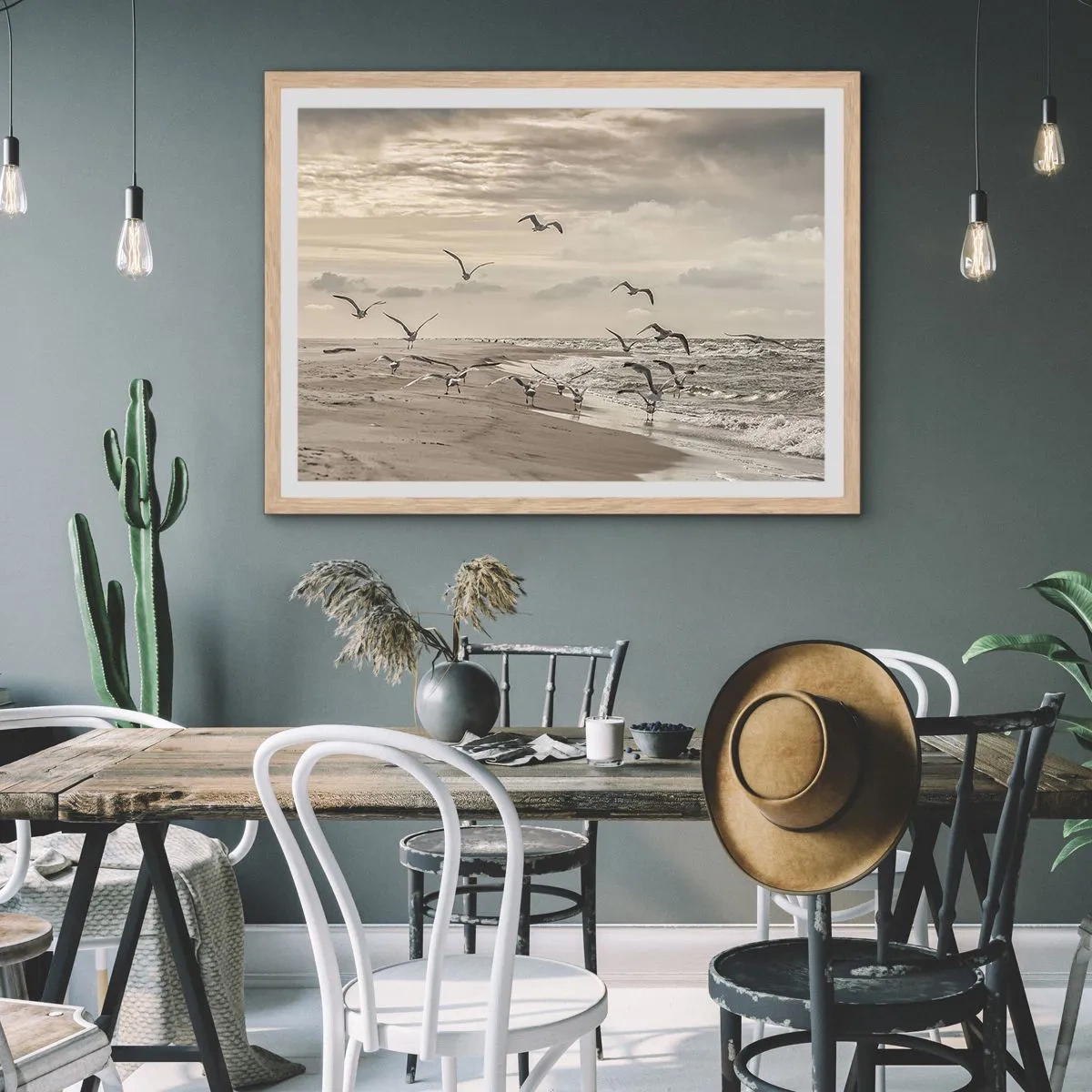 Plagát v ráme zo svetlého duba - Šumenie mora, spev vtákov - 100x70 cm