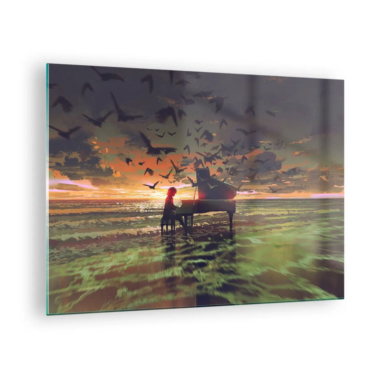 Obraz na skle - Klavirista hrá na klavíri na pláži pri západe slnka - 70x50cm - Koncert na piano a vlny - Moderná nástenná dekorácia do obývacej izby a spálne ARTTOR