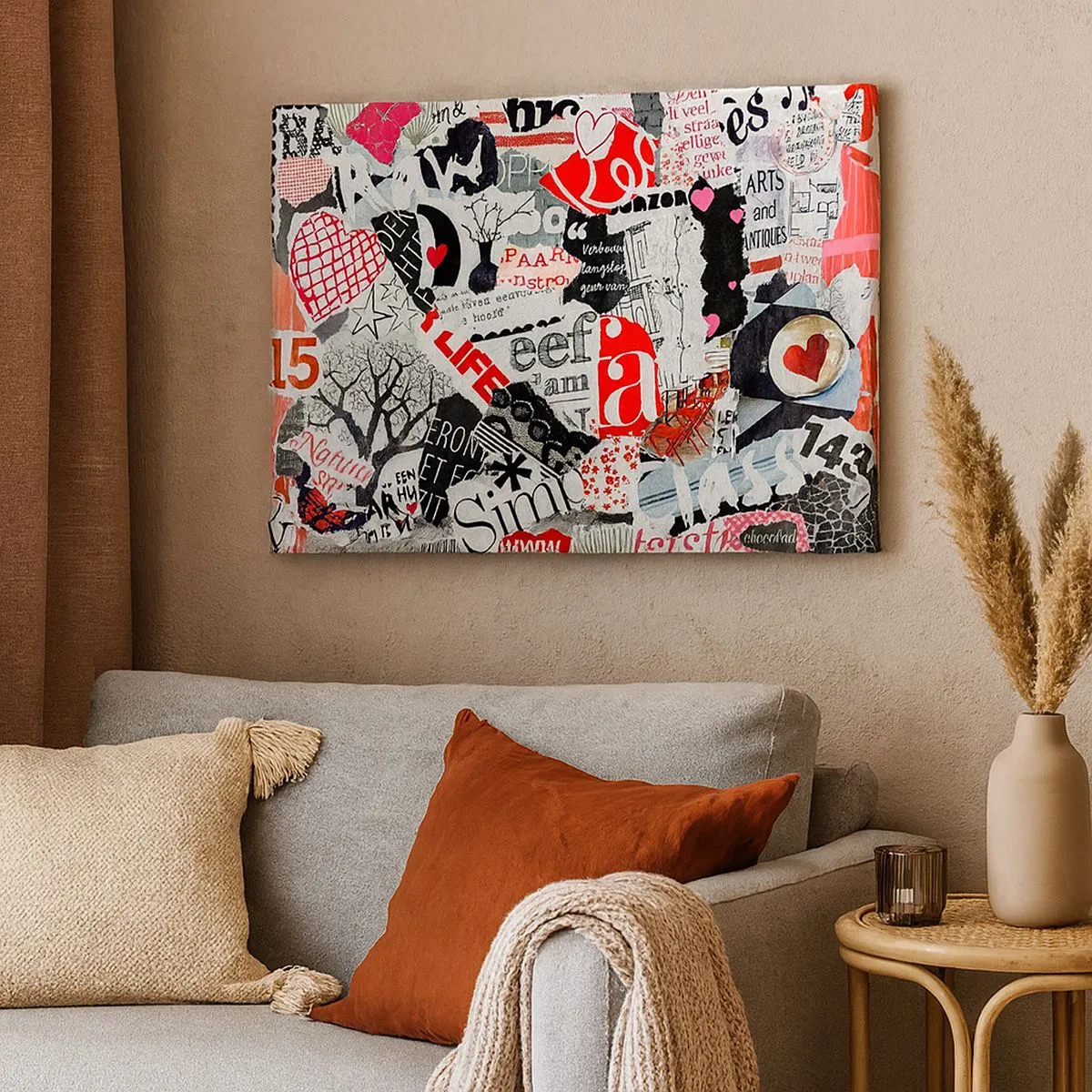 Obraz na plátne - Farebná koláž s nápismi, srdiečkami a grafikou. - 70x50cm - Hipsterská koláž - Moderná nástenná dekorácia do obývacej izby a spálne ARTTOR