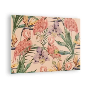 Obraz na skle - Plameniaky obklopené tropickými kvetmi a rastlinami - 70x50cm - Ružový balet v kvetoch - Moderná nástenná dekorácia do obývacej izby a spálne ARTTOR