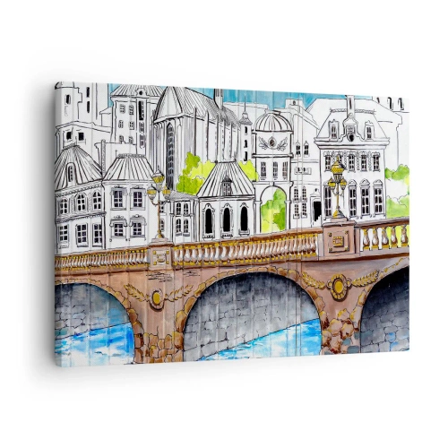 Obraz na plátne - Kresba mosta a historickej mestskej architektúry - 70x50cm - Mesto ako maľované - Moderná nástenná dekorácia do obývacej izby a spálne ARTTOR
