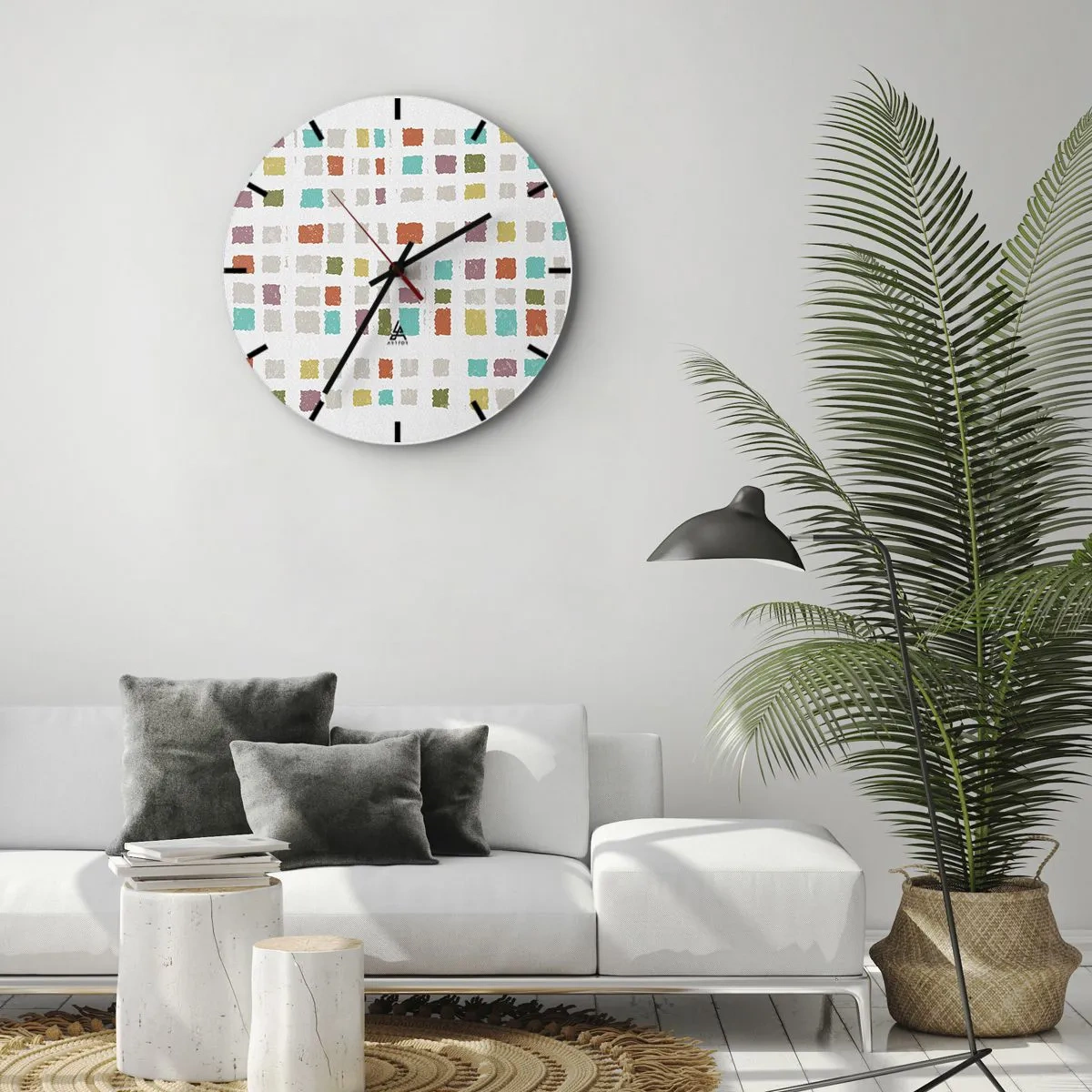 Nástenné hodiny - Farebné štvorce na bielom pozadí v abstraktnom štýle - 30x30cm - Neznáma hra - Moderná nástenná dekorácia do obývacej izby, kuchyne a spálne ARTTOR