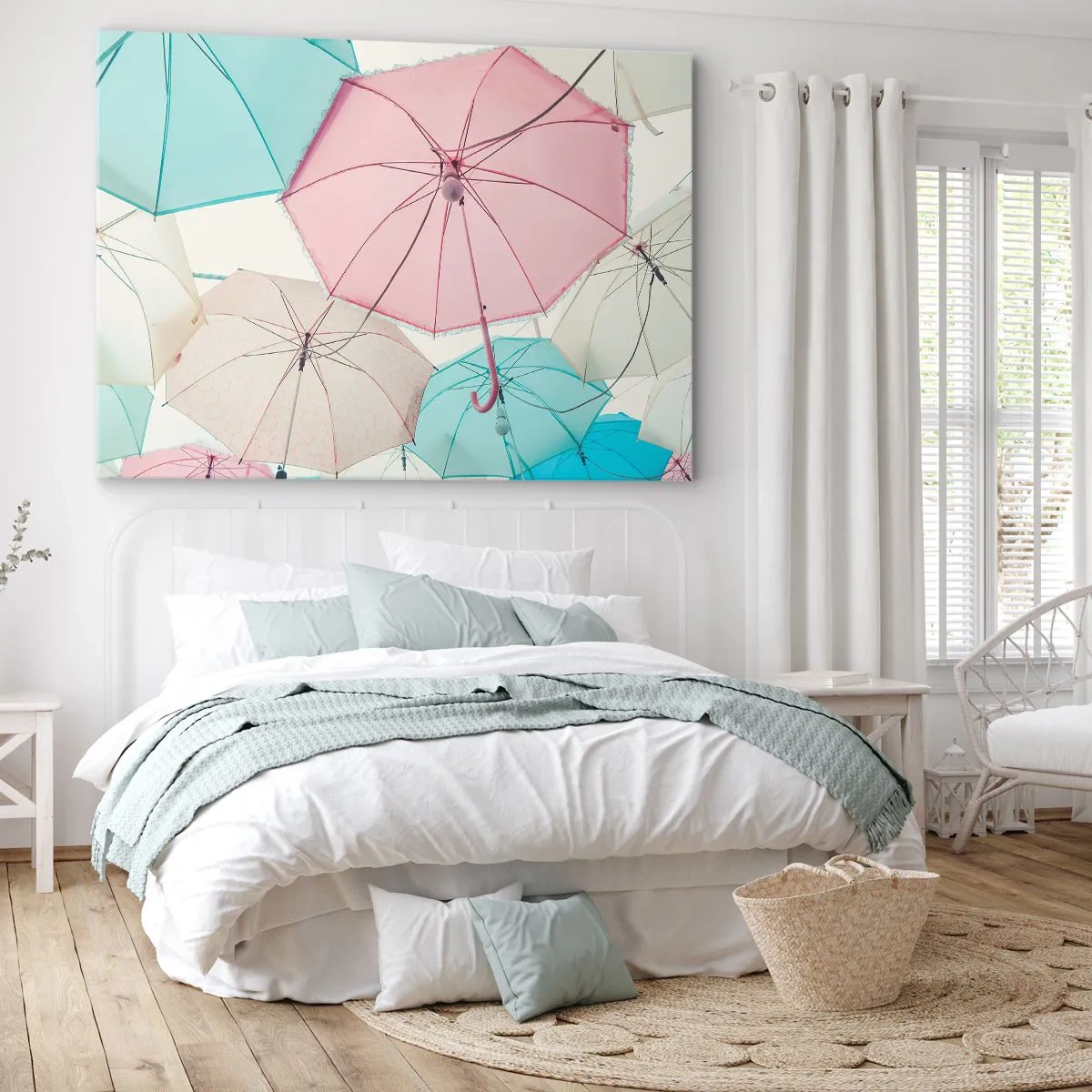 Obraz na plátne - Pastelové dáždniky proti jasnej oblohe - 70x50cm - Občas slnko, občas dážď - Moderná nástenná dekorácia do obývacej izby a spálne ARTTOR