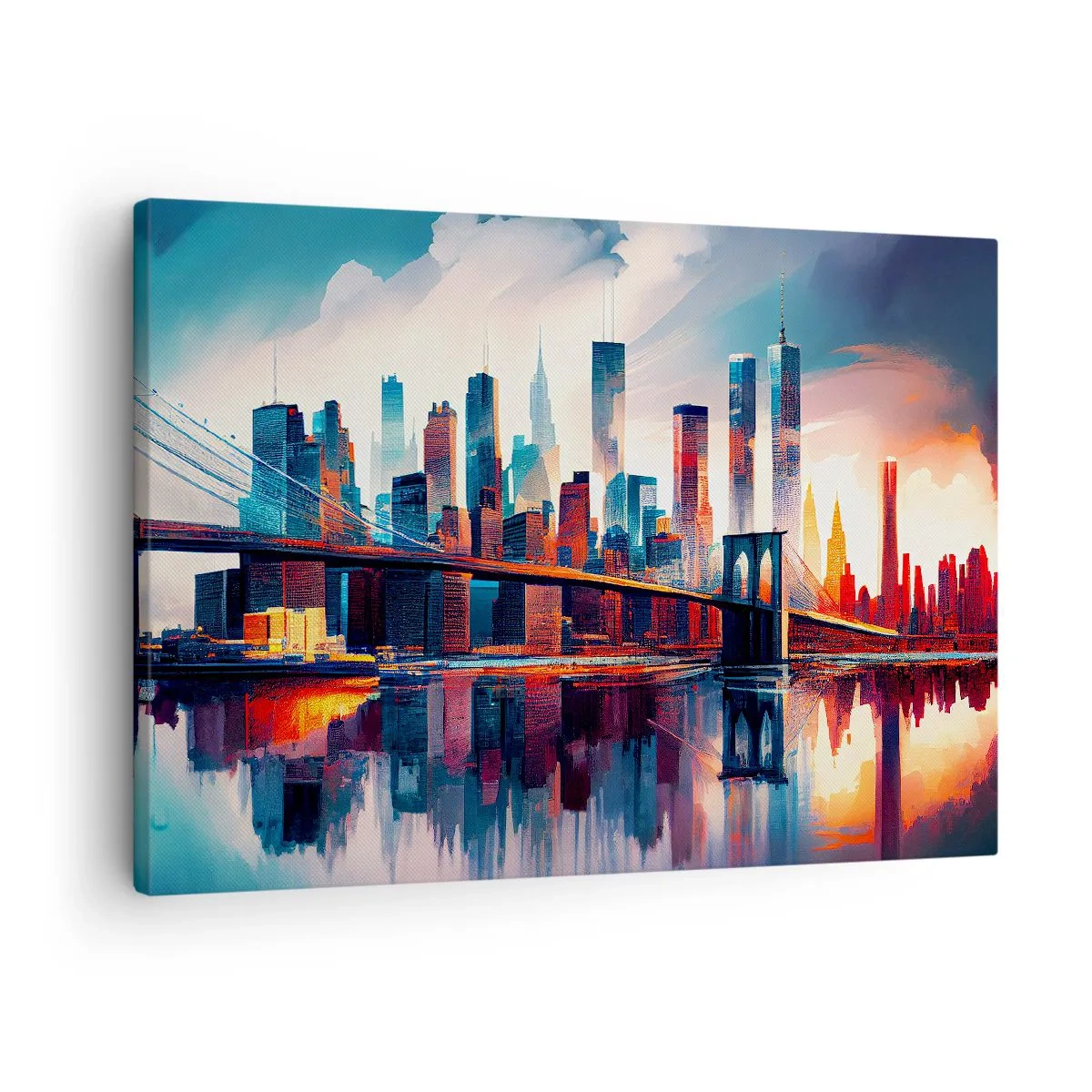 Obraz na plátne - Panoráma New Yorku s mostom a odrazom vo vode - 70x50cm - Famózny New York - Moderná nástenná dekorácia do obývacej izby a spálne ARTTOR