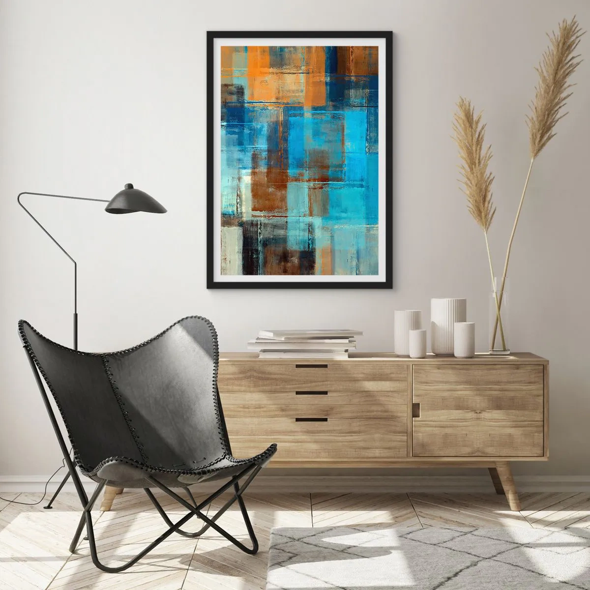 Plagát v čiernom ráme - Abstraktné geometrické vzory v odtieňoch modrej - 50x70cm - Cez modrý závoj - Moderná nástenná dekorácia do obývacej izby a spálne ARTTOR