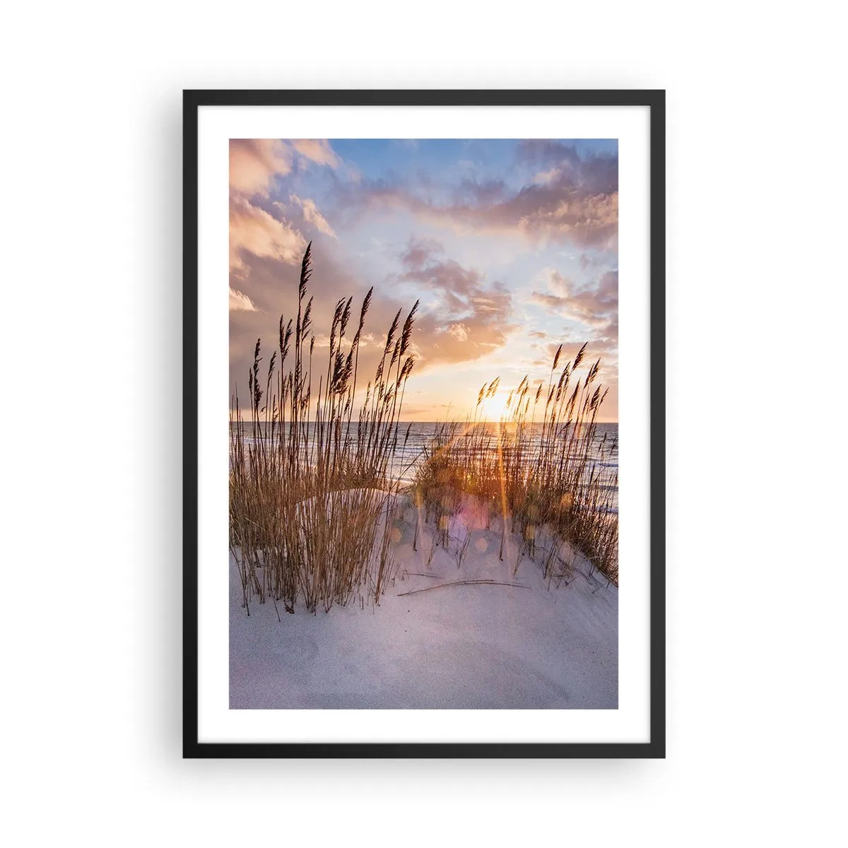 Plagát v čiernom ráme - Trávy na dunách osvetlené lúčmi zapadajúceho slnka - 50x70cm - Rozlúčka so slnkom a vetrom - Moderná nástenná dekorácia do obývacej izby a spálne ARTTOR