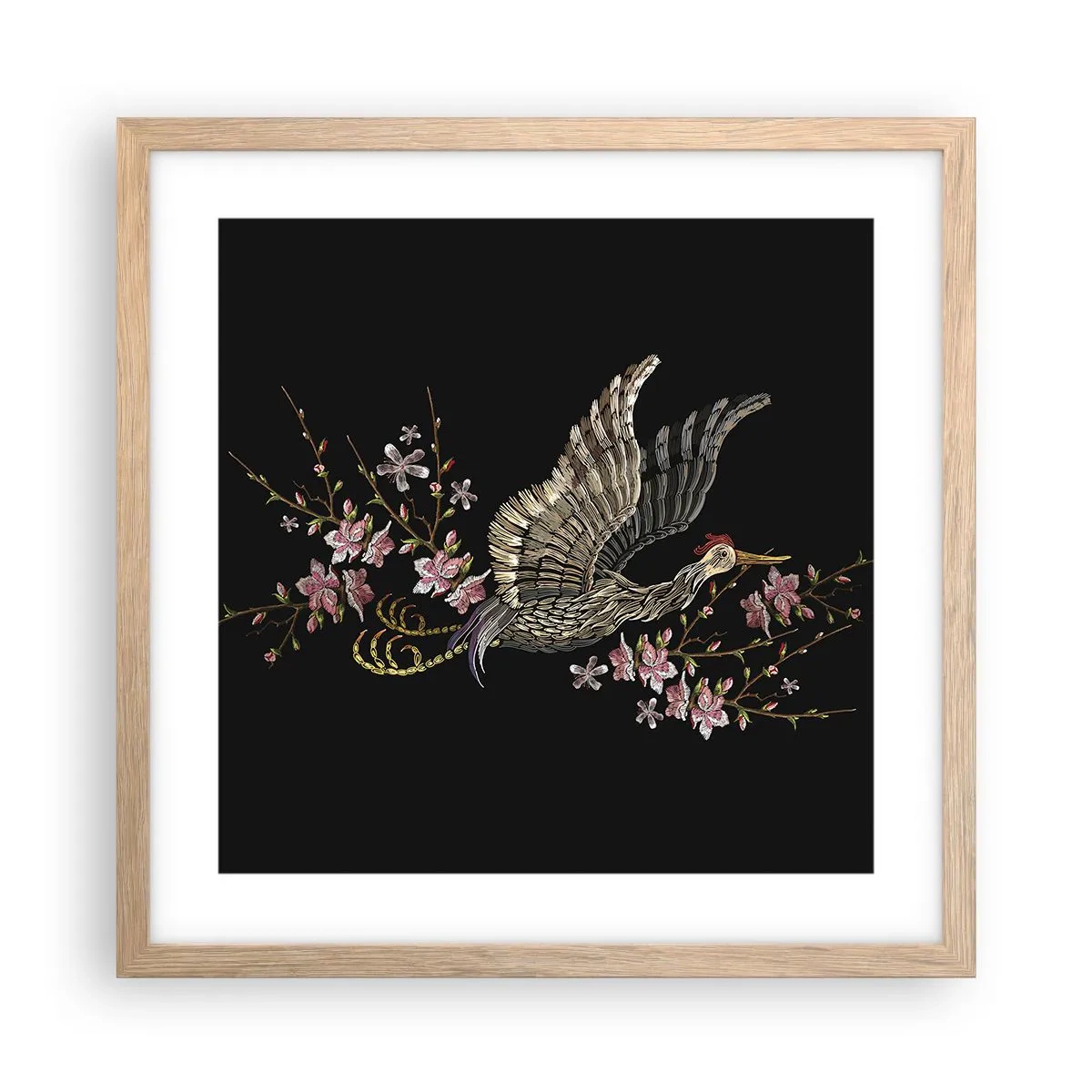 Plagát v ráme zo svetlého duba - Exotický vyšívaný vták - 40x40 cm