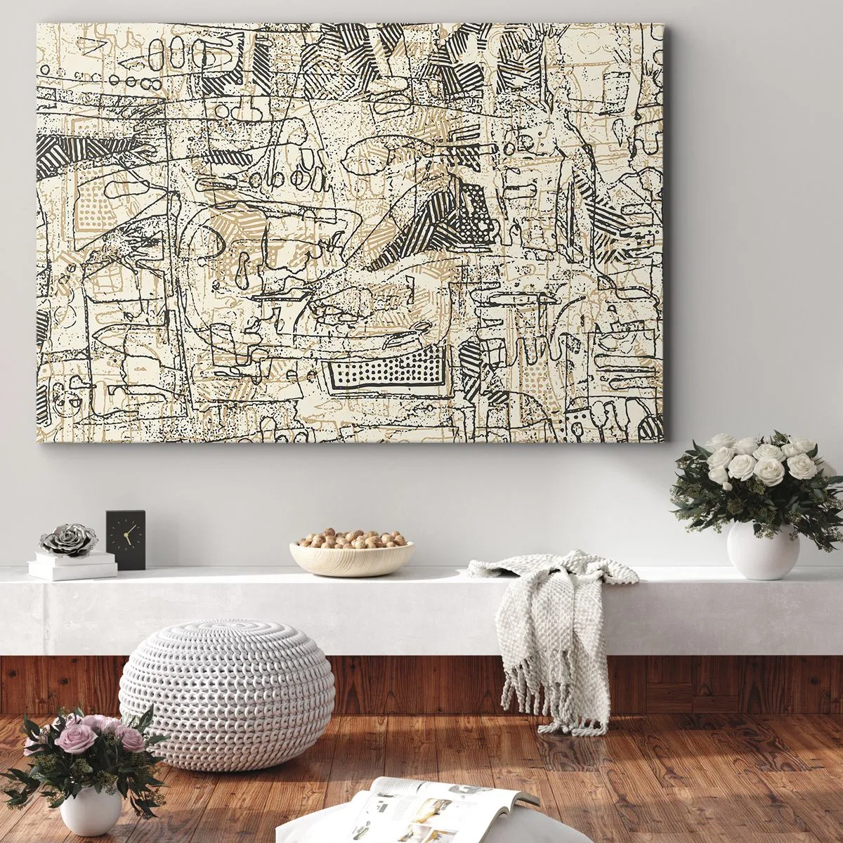 Obraz na plátne - Abstraktné vzory a čiary na béžovom pozadí - 70x50cm - Čaká na rozlúštenie - Moderná nástenná dekorácia do obývacej izby a spálne ARTTOR