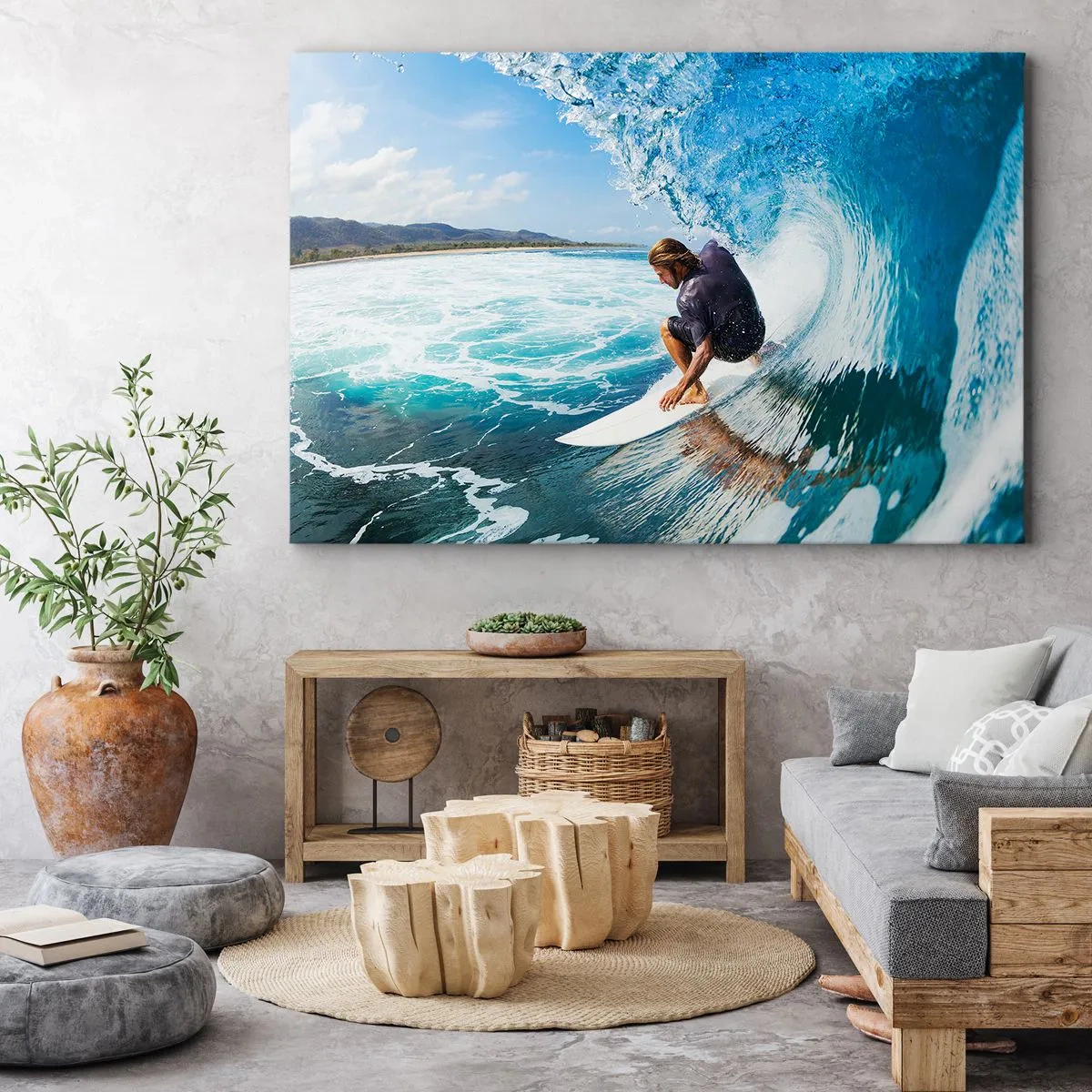 Obraz na plátne - Surfer v dynamickej póze na vlne v tyrkysovej vode. - 70x50cm - Tancujúci s vlnami - Moderná nástenná dekorácia do obývacej izby a spálne ARTTOR
