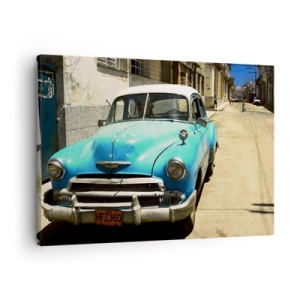 Obraz na plátne - Modré klasické auto na ulici za slnečného dňa - 70x50cm - Evviva Cuba! - Moderná nástenná dekorácia do obývacej izby a spálne ARTTOR