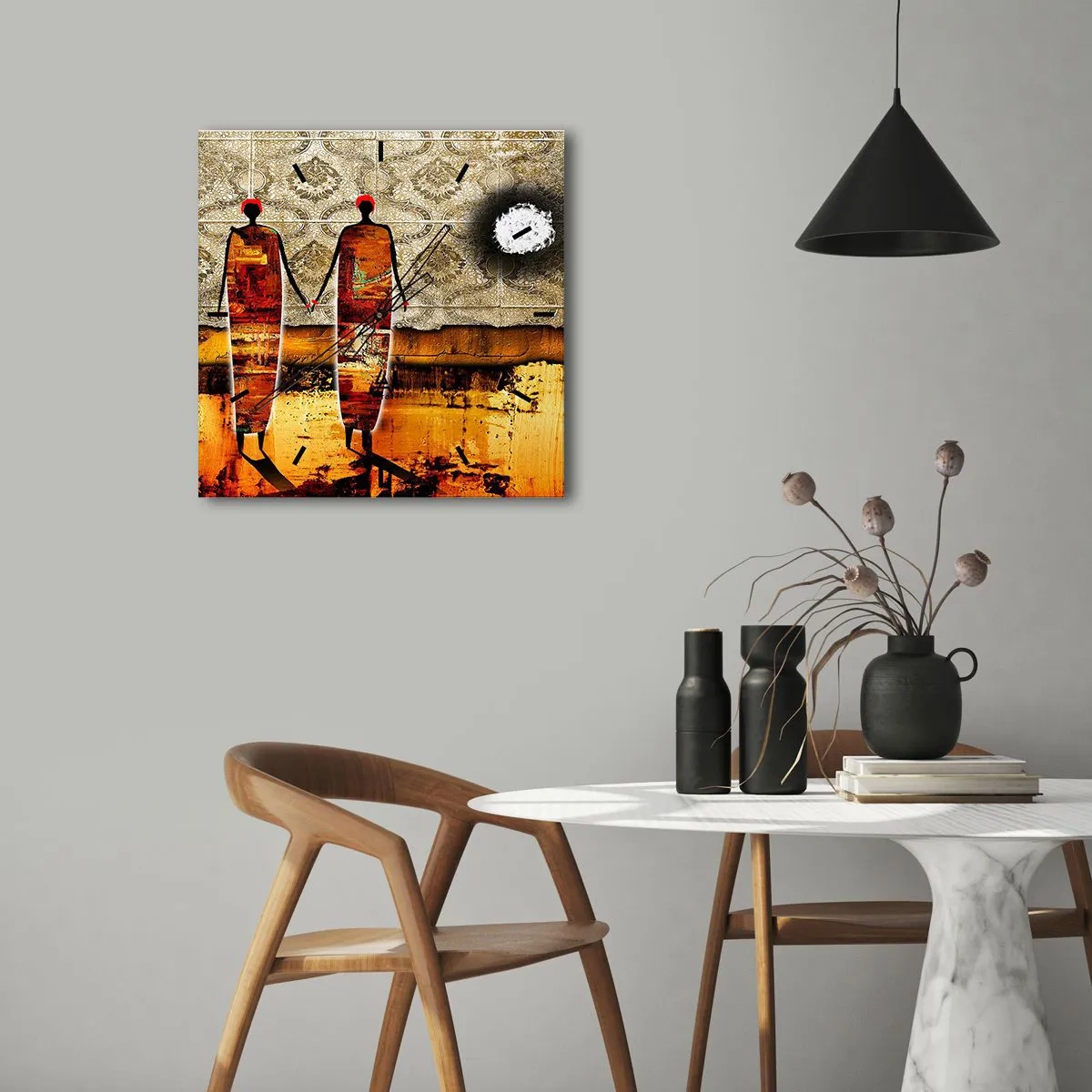 Nástenné hodiny - Etnická kompozícia vo farbách Afriky - 30x30 cm