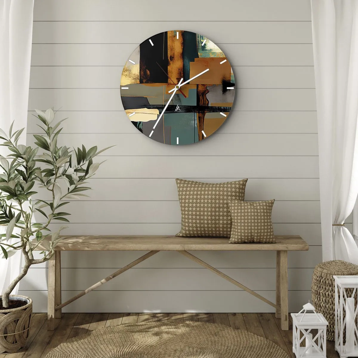 Nástenné hodiny - Moderná abstrakcia s kontrastom zlatej, čiernej a modrej - 30x30cm - Abstrakcia – svetlo a tieň - Moderná nástenná dekorácia do obývacej izby, kuchyne a spálne ARTTOR