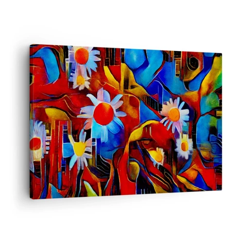 Obraz na plátne - Abstraktné kvety na pozadí geometrických vzorov - 70x50cm - Farby života - Moderná nástenná dekorácia do obývacej izby a spálne ARTTOR