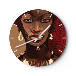 Nástenné hodiny - Portrét ženy v africkom štýle s červenými akcentmi - 30x30cm - Ebenová Venuša - Moderná nástenná dekorácia do obývacej izby, kuchyne a spálne ARTTOR