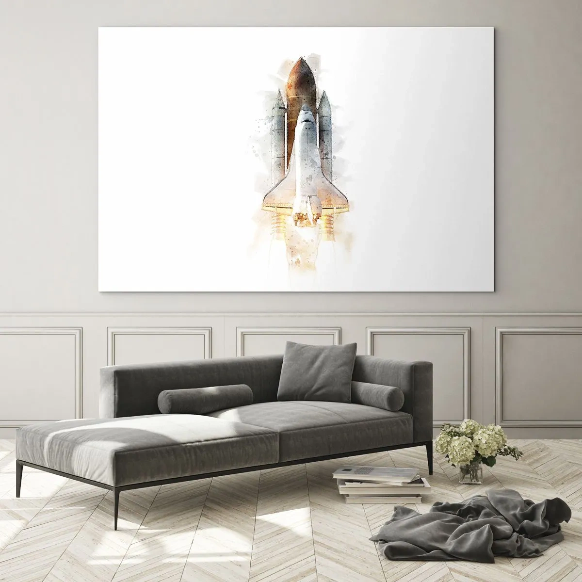 Obraz na skle - Raketoplán vzlietajúci v akvarelovom štýle na bielom pozadí. - 70x50cm - Prieskumníci do toho - Moderná nástenná dekorácia do obývacej izby a spálne ARTTOR