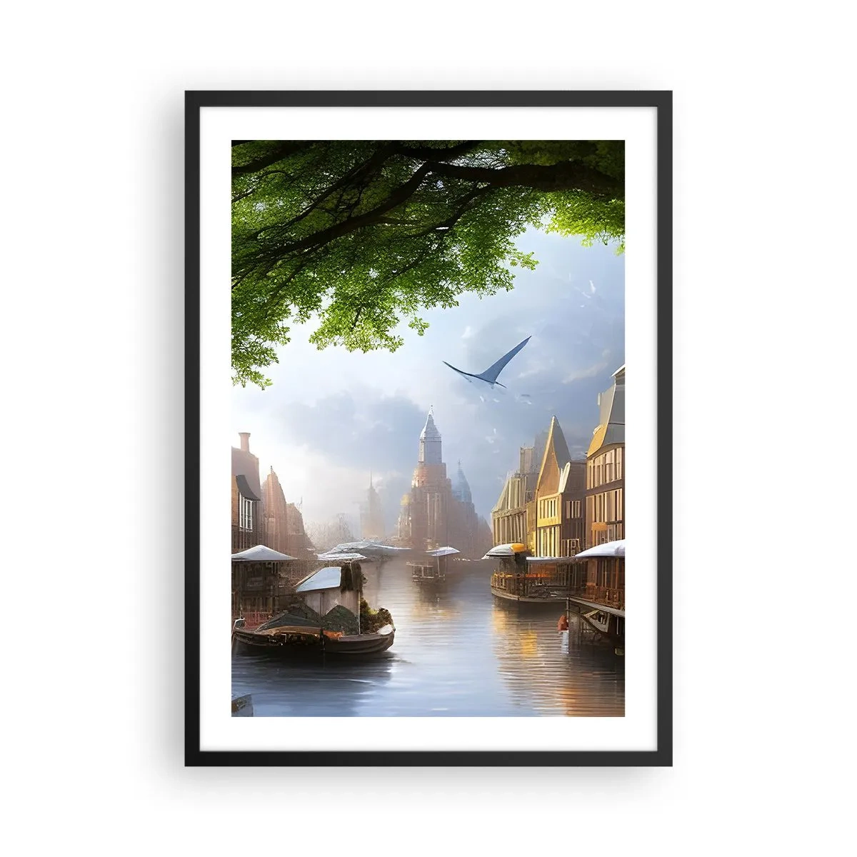 Plagát v čiernom ráme - Malebný výhľad na kanál s historickou architektúrou - 50x70cm - Holandská mestská krajinka - Moderná nástenná dekorácia do obývacej izby a spálne ARTTOR