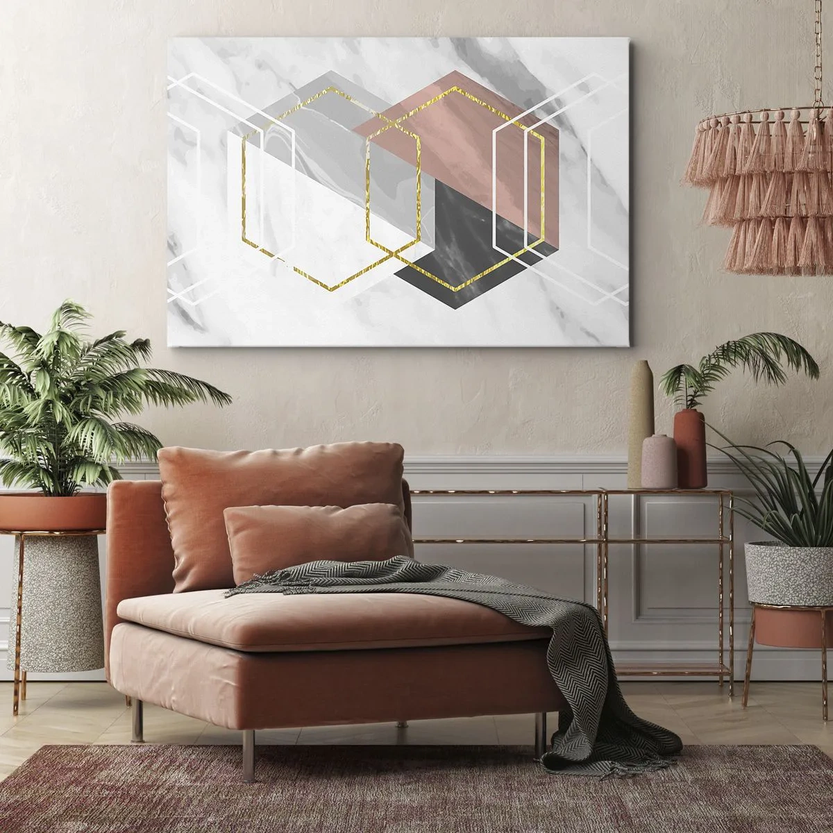 Obraz na plátne - Geometrické obrazce so zlatými a mramorovými akcentmi - 70x50cm - Reťazová kompozícia - Moderná nástenná dekorácia do obývacej izby a spálne ARTTOR