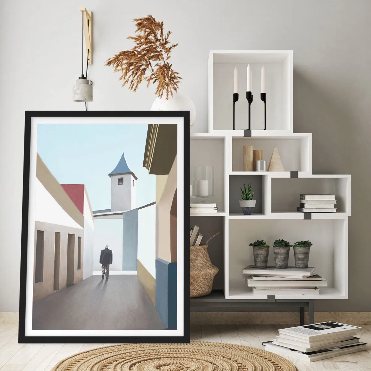 Plagát v čiernom ráme - Minimalistická ulica s osamelým okoloidúcim - 50x70cm - Slnečná prechádzka - Moderná nástenná dekorácia do obývacej izby a spálne ARTTOR