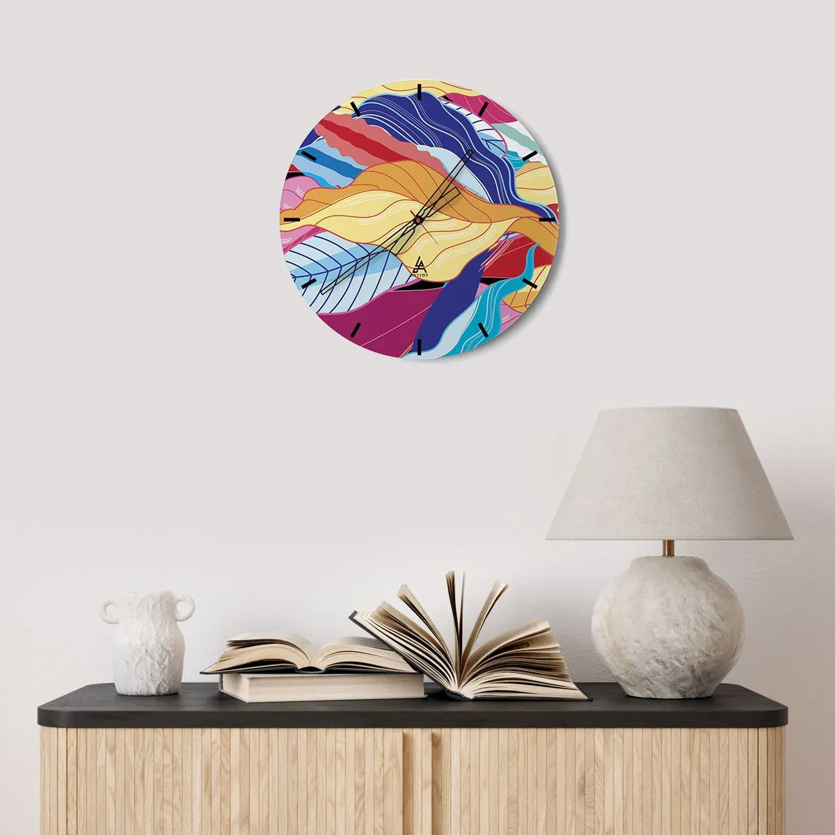Nástenné hodiny - Farebná abstrakcia s motívmi listov a vlnitými čiarami - 30x30cm - Farebný neporiadok - Moderná nástenná dekorácia do obývacej izby, kuchyne a spálne ARTTOR