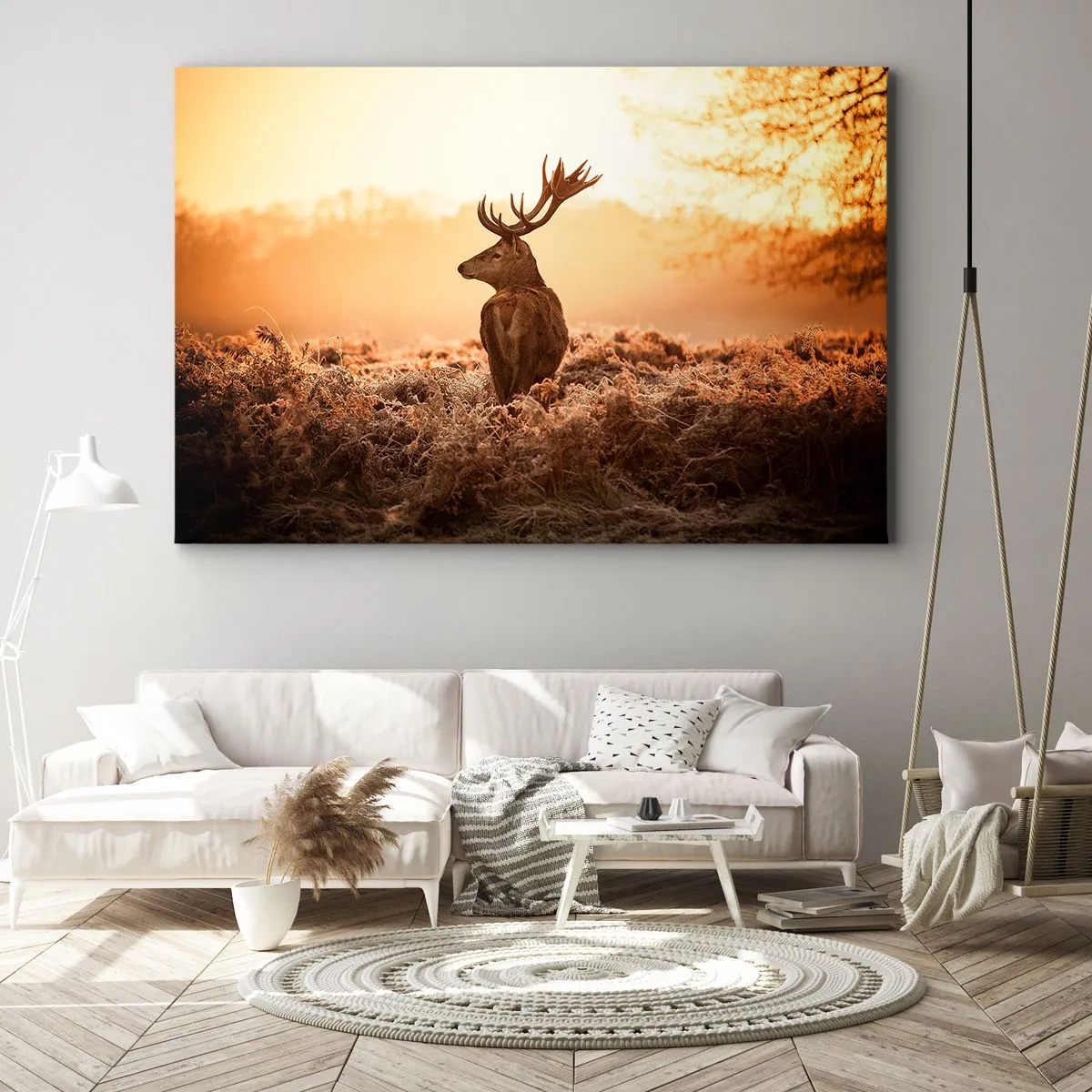 Obraz na plátne - Jeleň v lúčoch vychádzajúceho slnka - 70x50cm - Pán na panstve - Moderná nástenná dekorácia do obývacej izby a spálne ARTTOR
