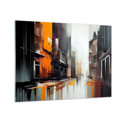 Obraz na skle - Ulica v daždi s vysokými budovami v teplých farbách - 70x50cm - Daždivý deň - Moderná nástenná dekorácia do obývacej izby a spálne ARTTOR