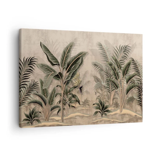 Obraz na plátne - Palmy a tropická vegetácia v odtieňoch zelenej na béžovom pozadí - 70x50cm - Rytina v koloniálnom štýle - Moderná nástenná dekorácia do obývacej izby a spálne ARTTOR