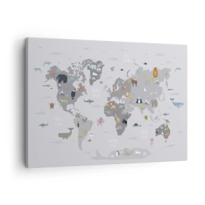 Obraz na plátne - Mapa sveta s ilustráciami zvierat na sivom pozadí - 70x50cm - Povedz mi, odkiaľ si... - Moderná nástenná dekorácia do obývacej izby a spálne ARTTOR