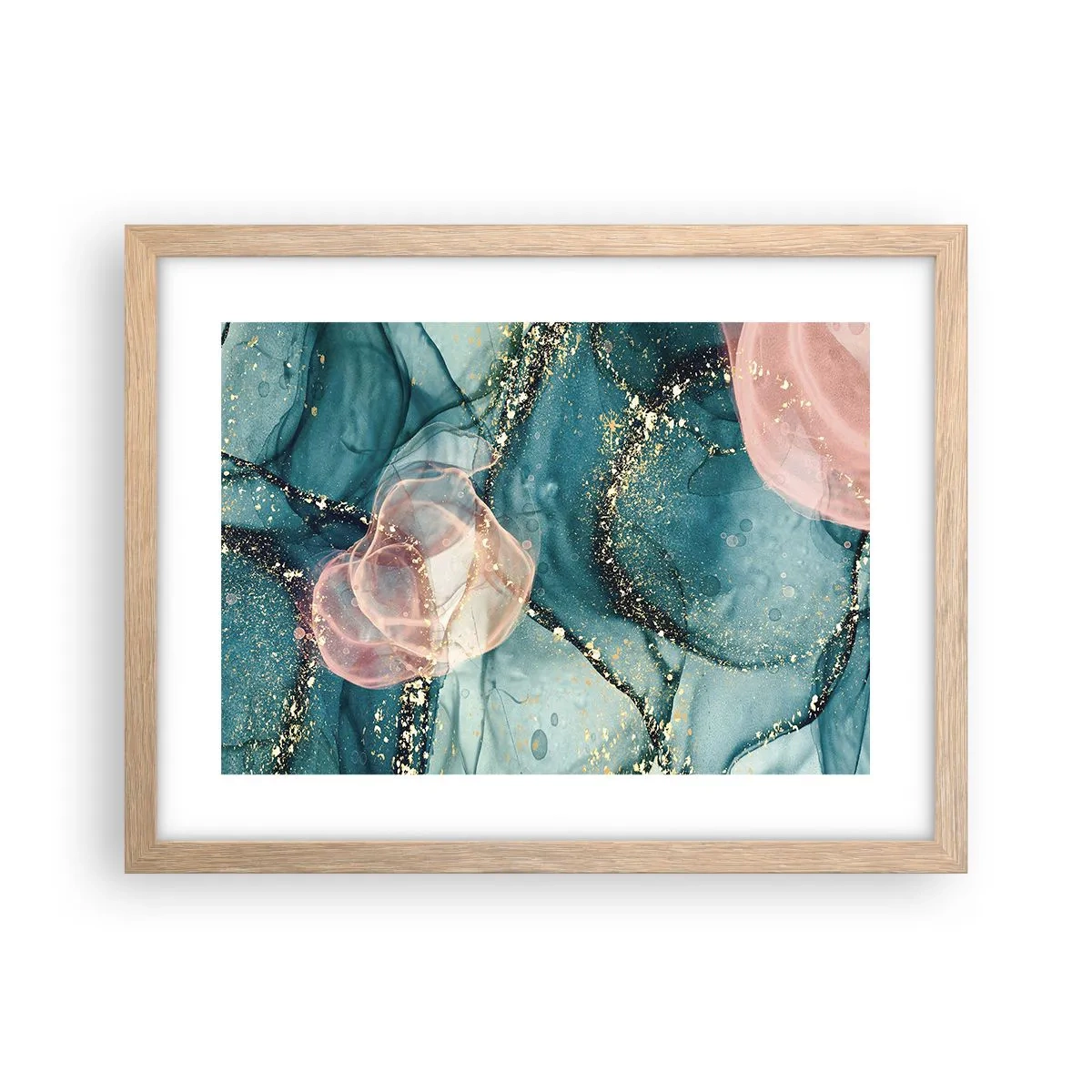 Plagát v ráme zo svetlého duba - Modré hodváb modré, ružový tyl - 40x30 cm