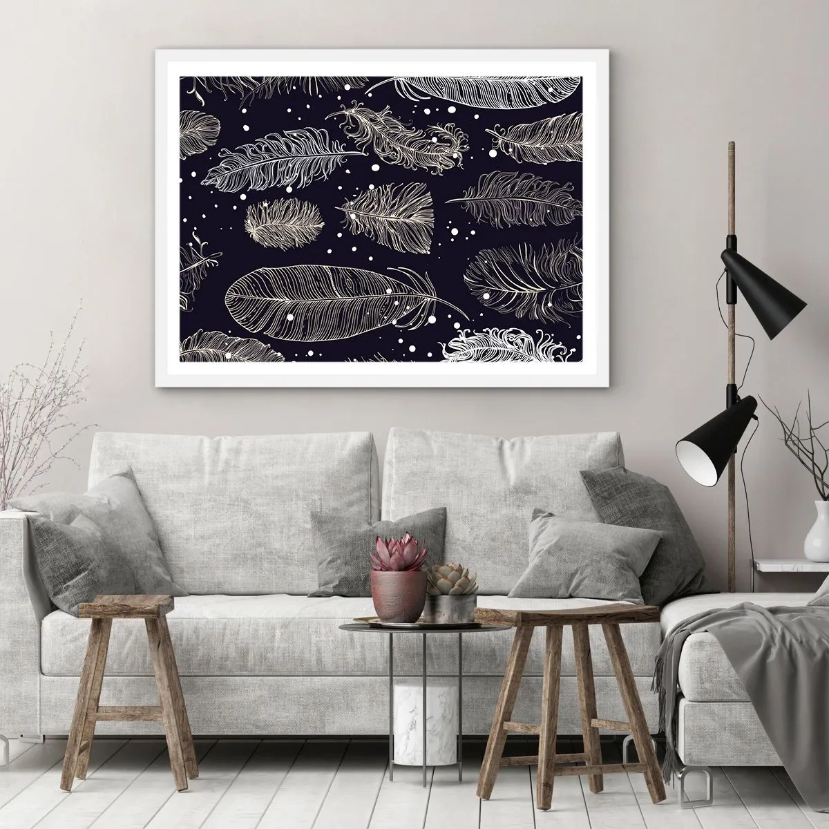 Plagát v bielom ráme - Čipka s perím - 100x70 cm