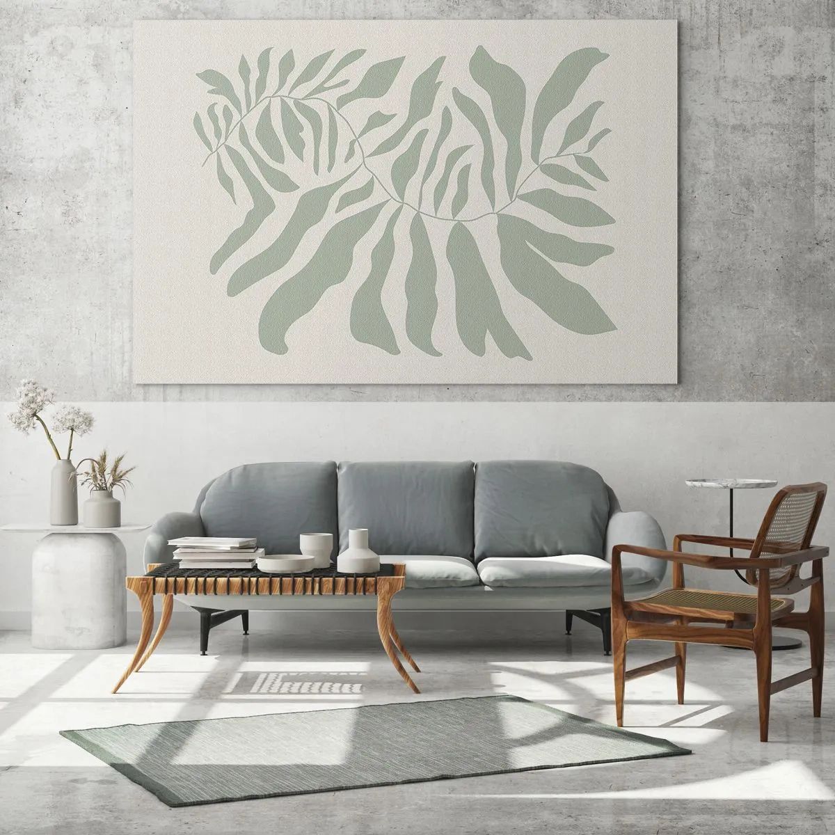 Obraz na skle - Smaragdová vetvička s organickými tvarmi na svetlom pozadí - 70x50cm - Smaragdová vetva - Moderná nástenná dekorácia do obývacej izby a spálne ARTTOR