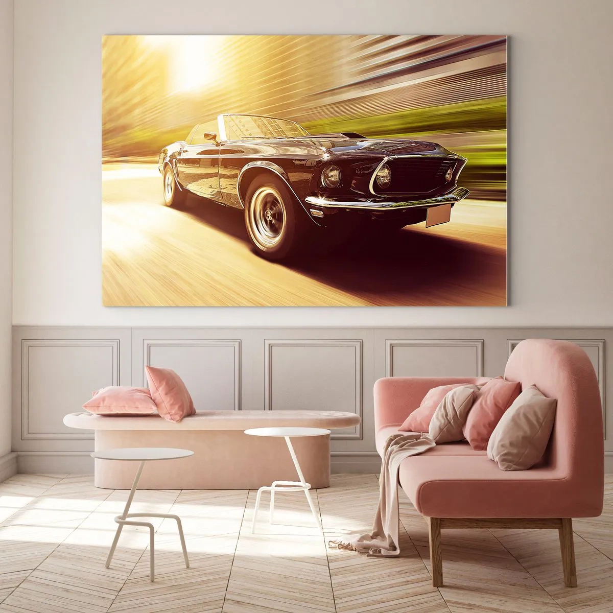 Obraz na skle - Klasické auto v pohybe na slnku - 70x50cm - 1967 - návrat legendy - Moderná nástenná dekorácia do obývacej izby a spálne ARTTOR