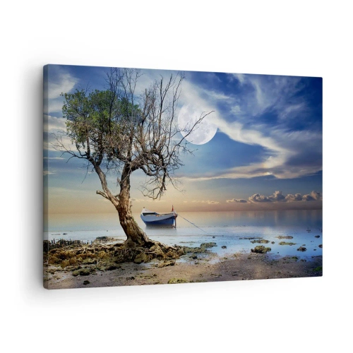 Obraz na plátne - Osamelý strom a loď na pokojnej vode za splnu. - 70x50cm - Je to koniec alebo začiatok? - Moderná nástenná dekorácia do obývacej izby a spálne ARTTOR