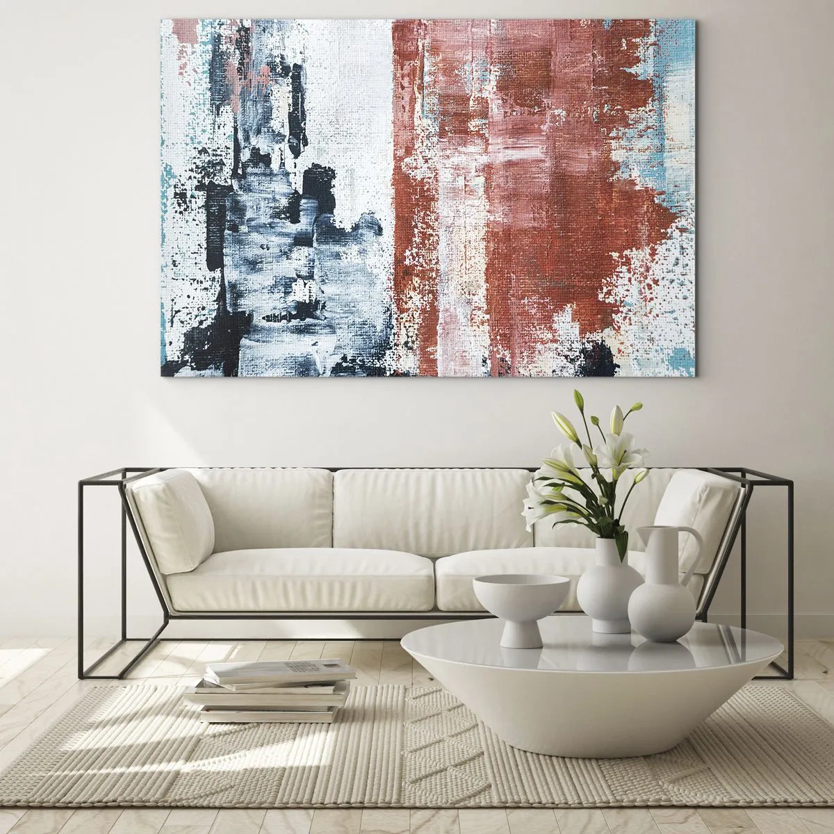 Obraz na skle - Abstraktná kombinácia modrej a hrdzavočervenej - 70x50cm - Abstraktné pol na pol - Moderná nástenná dekorácia do obývacej izby a spálne ARTTOR