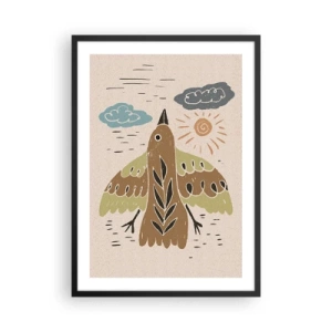 Plagát v čiernom ráme - Farebná ilustrácia vtáka za letu s oblakmi a slnkom v pozadí. - 50x70cm - Radostný let - Moderná nástenná dekorácia do obývacej izby a spálne ARTTOR