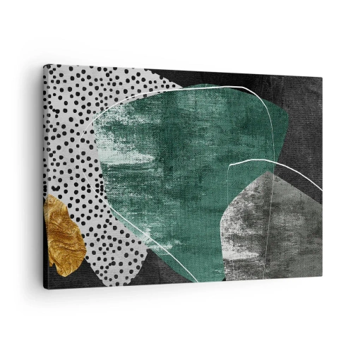 Obraz na plátne - Abstraktná kompozícia so zelenými tvarmi a bodkovými vzormi - 70x50cm - Farebná abstrakcia so zlatou vločkou - Moderná nástenná dekorácia do obývacej izby a spálne ARTTOR