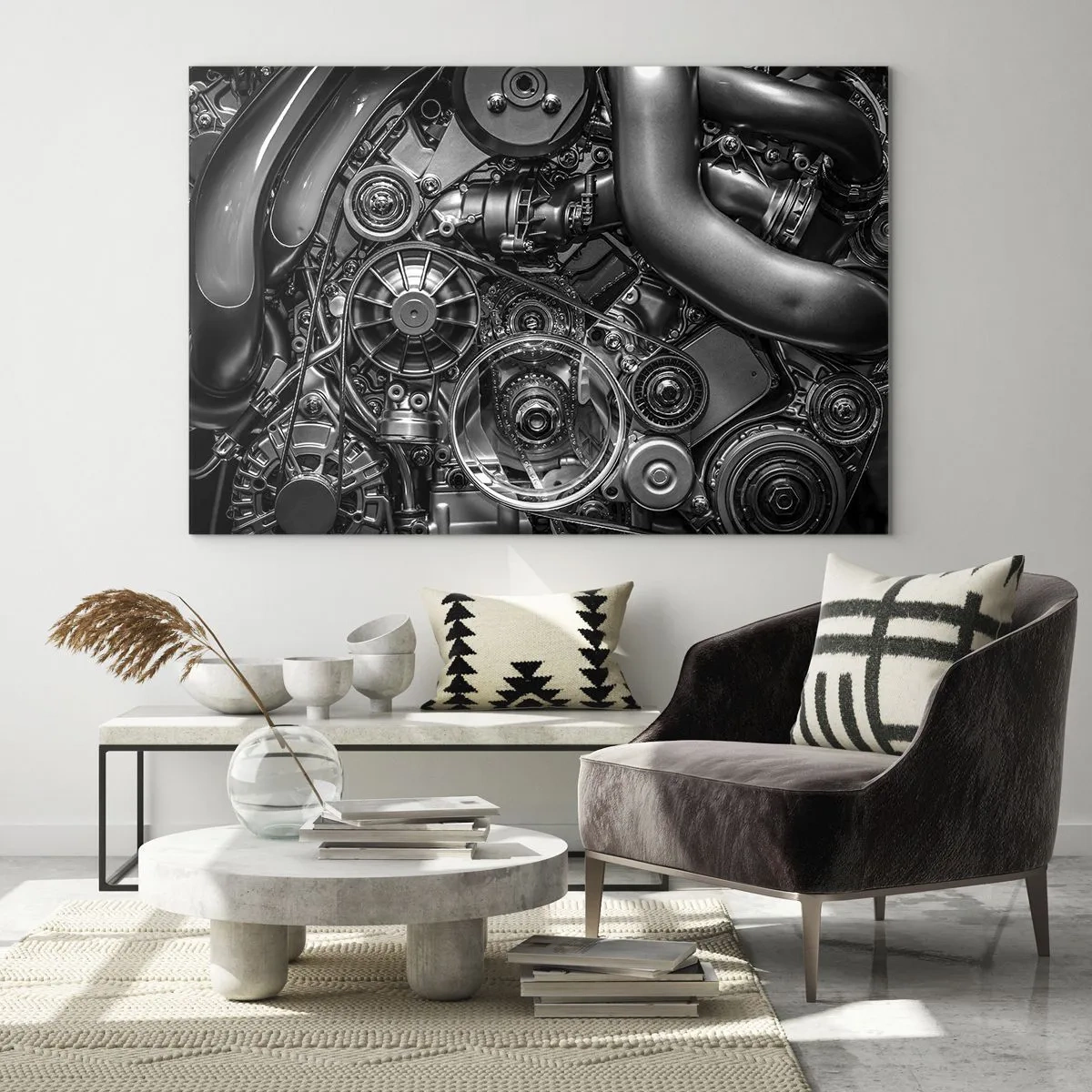 Obraz na skle - Detail čiernobieleho motora s viditeľnými mechanizmami - 70x50cm - Poézia mechaniky - Moderná nástenná dekorácia do obývacej izby a spálne ARTTOR