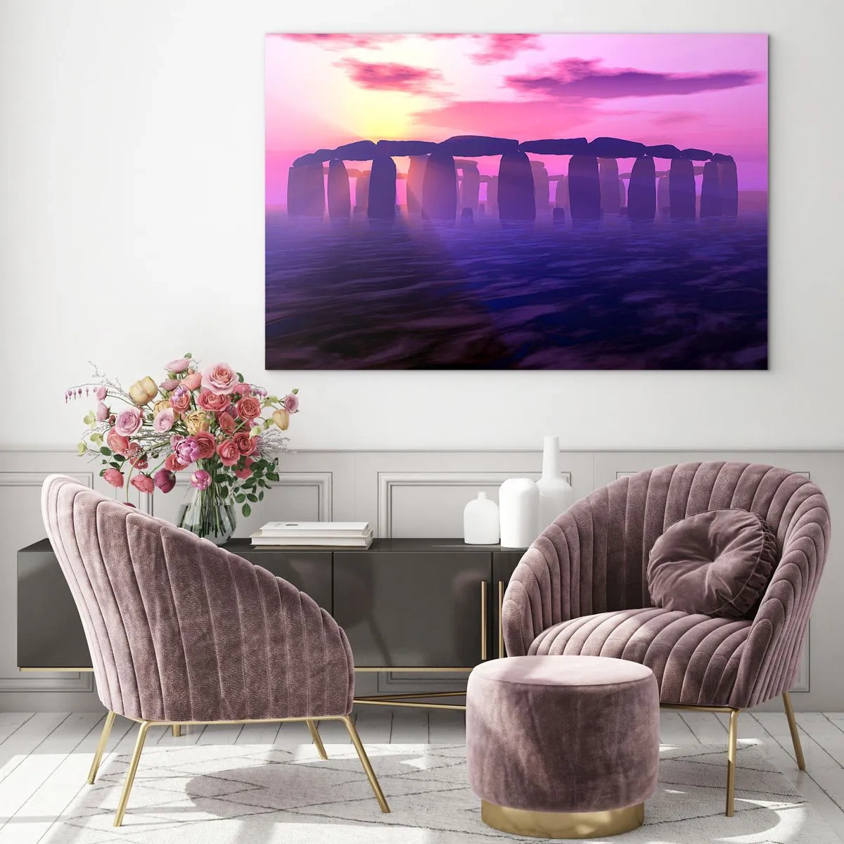 Obraz na skle - Stonehenge vo svetle ružového západu slnka - 70x50cm - Tajomstvo za svitania v hmle - Moderná nástenná dekorácia do obývacej izby a spálne ARTTOR
