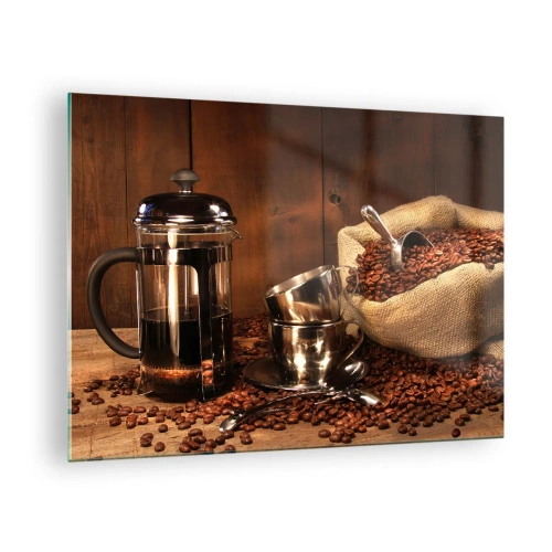 Obraz na skle - Kávovar, šálky a vrecko kávových zŕn - 70x50cm - Kúzlo kávy - aróma a chuť - Moderná nástenná dekorácia do obývacej izby a spálne ARTTOR
