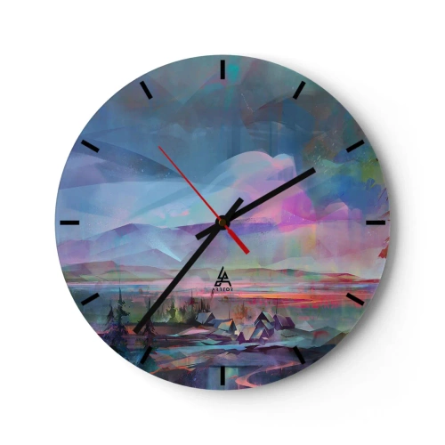 Nástenné hodiny - Farebná panoráma hôr a dediny v abstraktnom štýle - 30x30cm - Pod priateľským nebom - Moderná nástenná dekorácia do obývacej izby, kuchyne a spálne ARTTOR