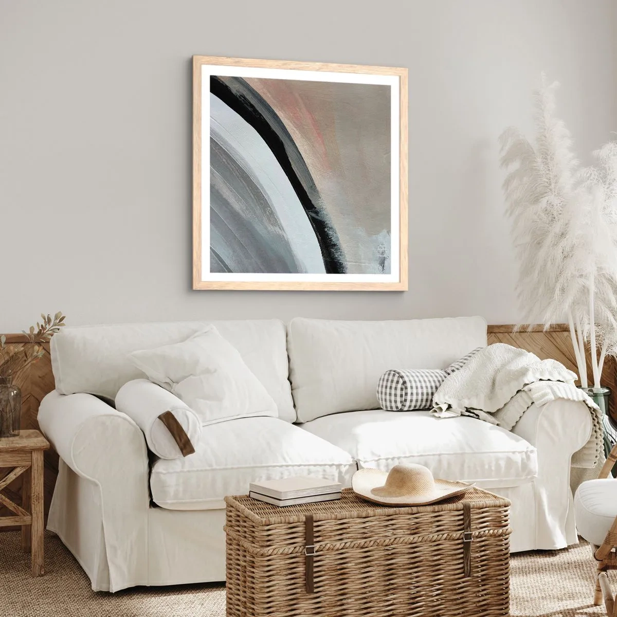 Plagát v ráme zo svetlého duba - Kompozícia: čierny a šedý oblúk - 40x40 cm