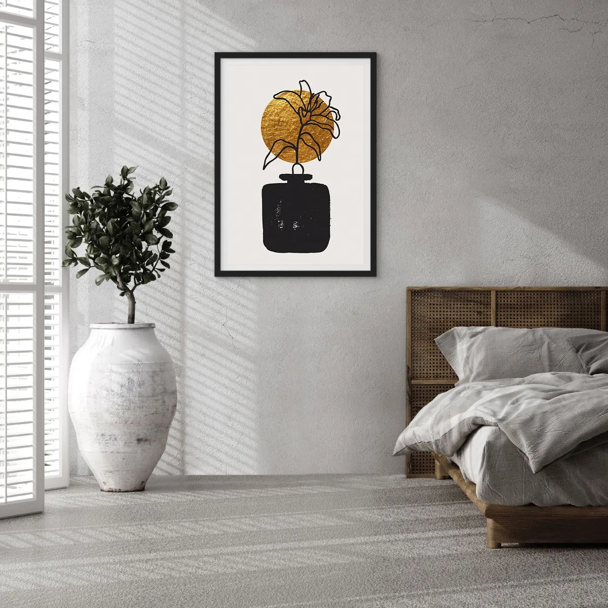 Plagát v čiernom ráme - Abstraktná kompozícia s kvetom a zlatým kruhom - 50x70cm - Krása, ktorá má cenu zlata - Moderná nástenná dekorácia do obývacej izby a spálne ARTTOR