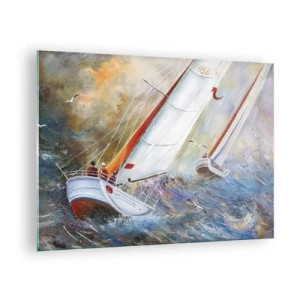 Obraz na skle - Plachetnice v rozbúrenom mori počas regaty - 70x50cm - Bežiace cez vlny - Moderná nástenná dekorácia do obývacej izby a spálne ARTTOR