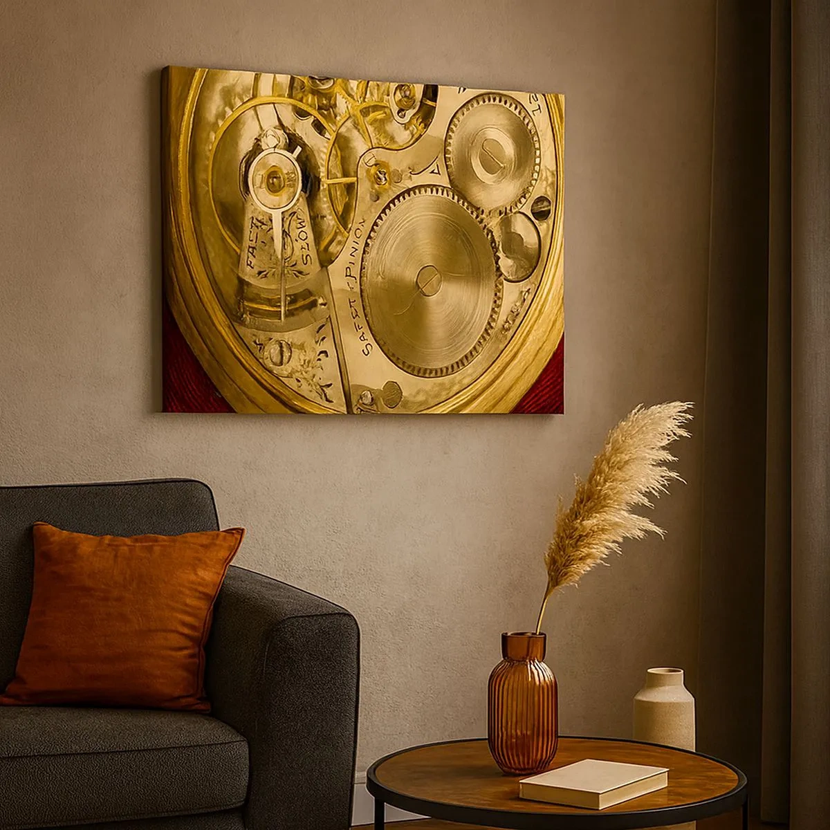 Obraz na plátne - Hodinkový mechanizmus s viditeľnými ozubenými kolesami a detailmi - 70x50cm - Choď s duchom času - Moderná nástenná dekorácia do obývacej izby a spálne ARTTOR