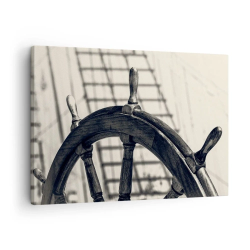 Obraz na plátne - Retro štýl plachetnice s loďou v pozadí - 70x50cm - Morské príbehy - Moderná nástenná dekorácia do obývacej izby a spálne ARTTOR