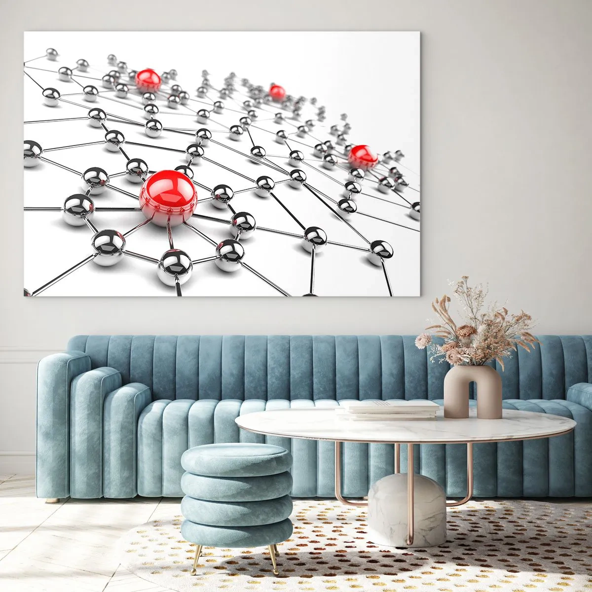 Obraz na skle - Strieborná molekulárna sieť s červenými akcentmi - 70x50cm - Strieborná sieť - Moderná nástenná dekorácia do obývacej izby a spálne ARTTOR