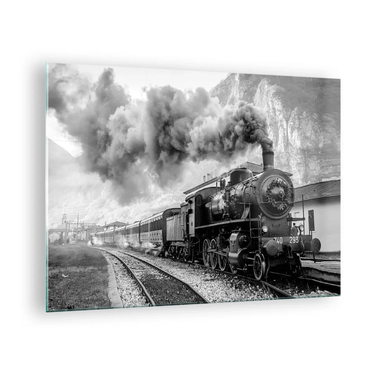 Obraz na skle - Starý parný vlak v horskej krajine - 70x50cm - Stojí na stanici… - Moderná nástenná dekorácia do obývacej izby a spálne ARTTOR