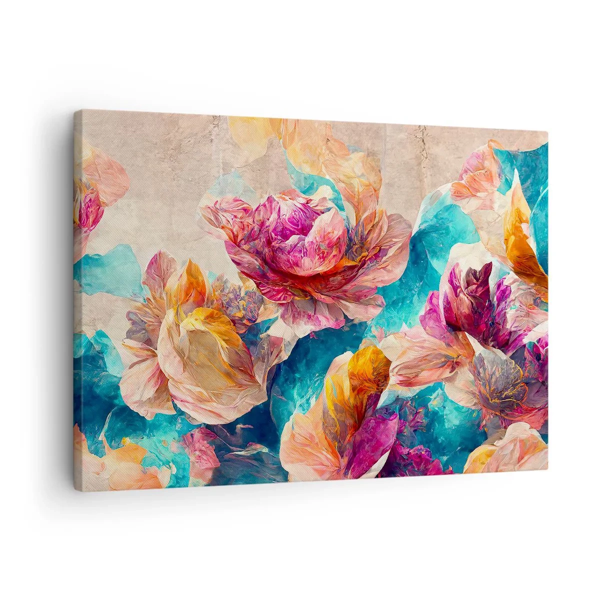 Obraz na plátne - Farebné kvety na béžovom pozadí - 70x50cm - Farebné bohatstvo kytice - Moderná nástenná dekorácia do obývacej izby a spálne ARTTOR