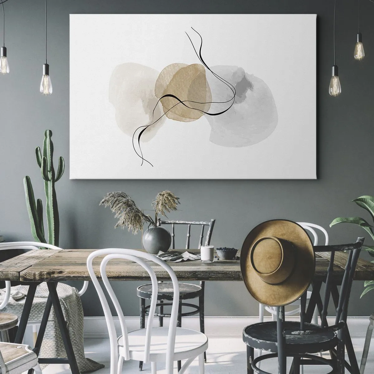 Obraz na plátne - Minimalistická abstrakcia v odtieňoch béžovej a sivej - 70x50cm - Vzdušné korálky - Moderná nástenná dekorácia do obývacej izby a spálne ARTTOR
