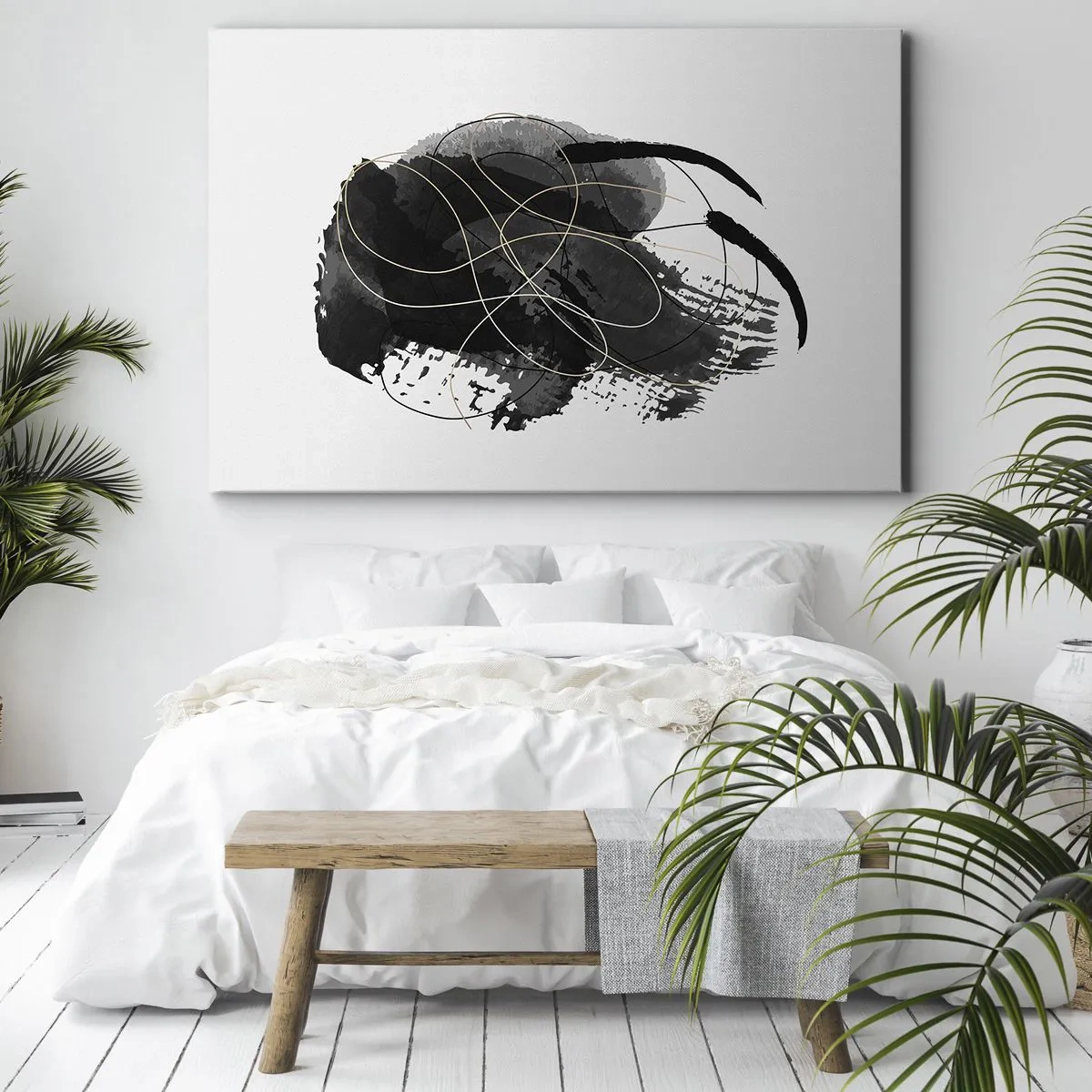 Obraz na plátne - Abstrakcia v čiernej a zlatej farbe na bielom pozadí - 70x50cm - Upletené z čiernej - Moderná nástenná dekorácia do obývacej izby a spálne ARTTOR